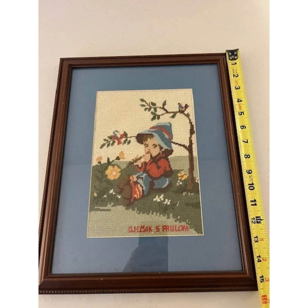 Vintage Hummel Style Needlepoint Framed Art Djecak S Frulom Boy with Flute 12x15
